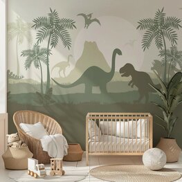 Dino behang kinderkamer &ndash; Lambrisering - olijfgroen