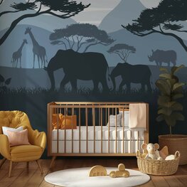 Safari behang kinderkamer &ndash;  Lambrisering - blauw