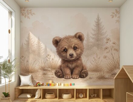 Beerwelpje in het Bos &ndash; Neutraal Woodland Behang voor de baby- of kinderkamer