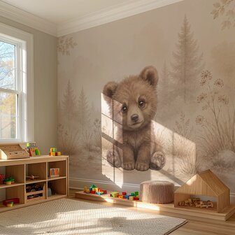 Beerwelpje in het Bos &ndash; Neutraal Woodland Behang voor de baby- of kinderkamer