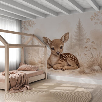 Lief Hertje in het Bos &ndash; Neutraal Woodland Behang voor de baby- of kinderkamer