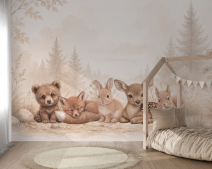 Woodland Bosdieren &ndash; Neutraal Woodland Behang voor de baby- of kinderkamer