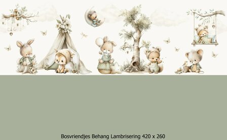 Kleine Bosvriendjes &ndash; Behang - Lambrisering - Vergrijsd Saliegroen