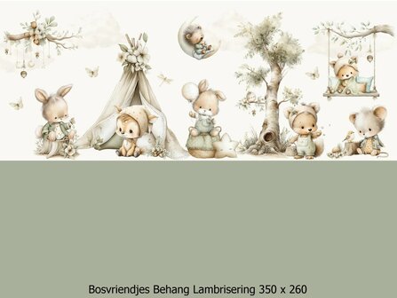 Kleine Bosvriendjes &ndash; Behang - Lambrisering - Vergrijsd Saliegroen