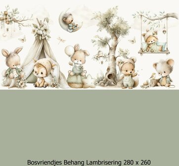 Kleine Bosvriendjes &ndash; Behang - Lambrisering - Vergrijsd Saliegroen