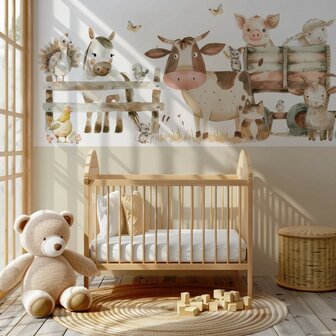 Boerderij behang kinderkamer - Lambrisering - Naturel Beige