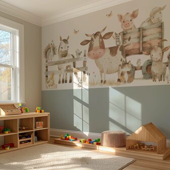 Boerderij behang kinderkamer - Lambrisering - Vergrijsd Saliegroen