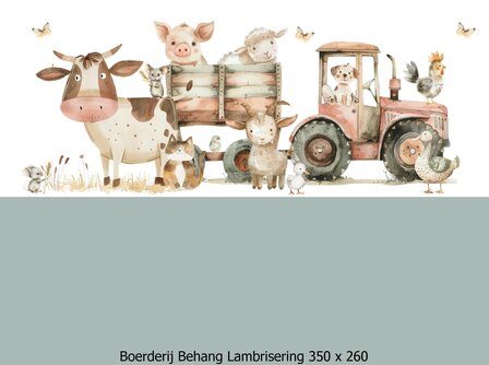 Boerderij behang kinderkamer - Lambrisering - Vergrijsd Saliegroen