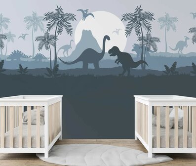 Dino behang kinderkamer &ndash; Lambrisering blauw