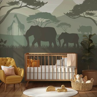 Safari behang kinderkamer &ndash;  Lambrisering - olijfgroen