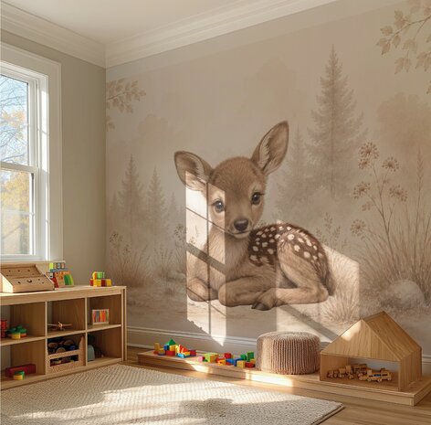 Lief Hertje in het Bos &ndash; Neutraal Woodland Behang voor de baby- of kinderkamer