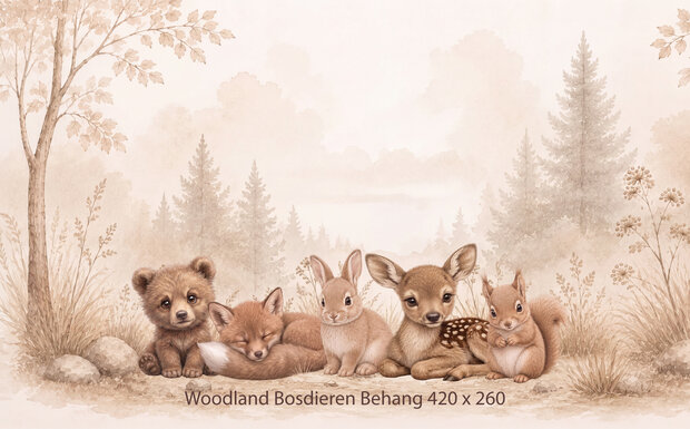 Woodland Bosdieren &ndash; Neutraal Woodland Behang voor de baby- of kinderkamer