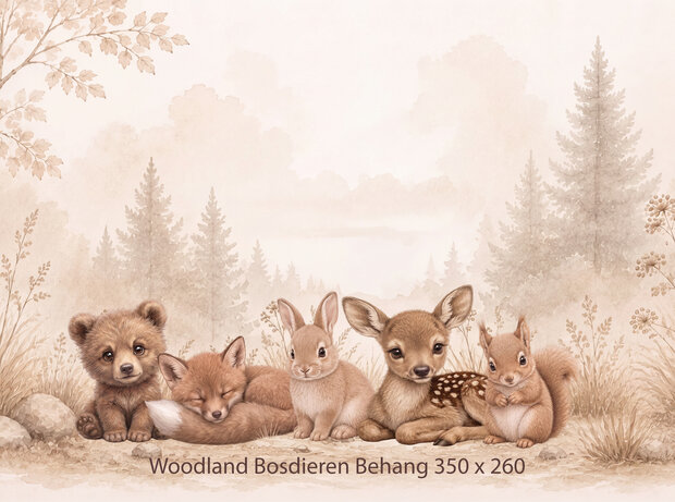 Woodland Bosdieren &ndash; Neutraal Woodland Behang voor de baby- of kinderkamer