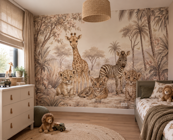 Safari Blossom &ndash; zacht safari behang in pastel