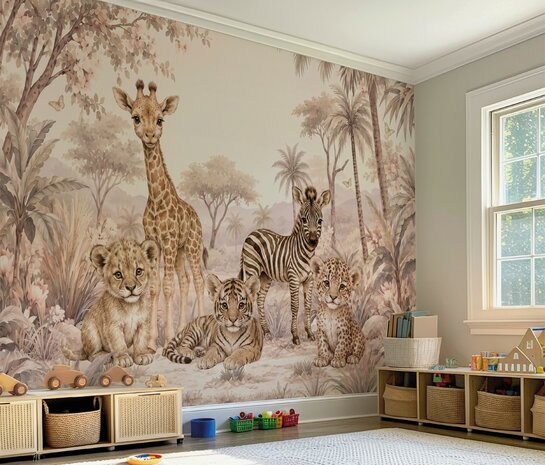 Safari Blossom &ndash; zacht safari behang in pastel