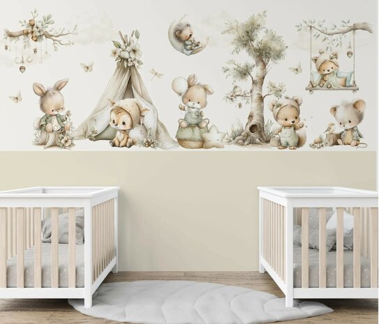 Kleine Bosvriendjes Behang -Lambrisering Naturel Beige