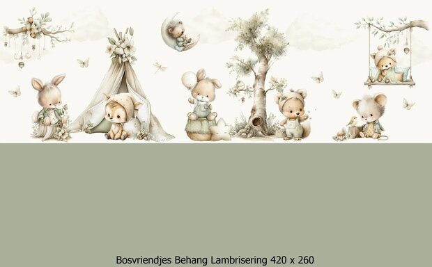 Kleine Bosvriendjes &ndash; Behang - Lambrisering - Vergrijsd Saliegroen