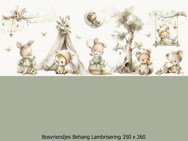 Kleine Bosvriendjes &ndash; Behang - Lambrisering - Vergrijsd Saliegroen
