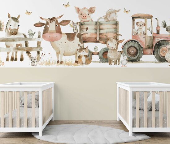 Boerderij behang kinderkamer - Lambrisering - Naturel Beige