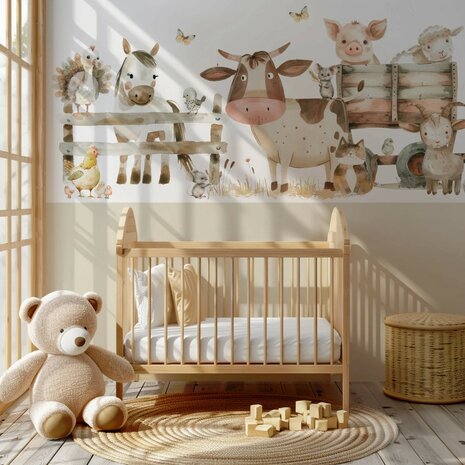 Boerderij behang kinderkamer - Lambrisering - Naturel Beige
