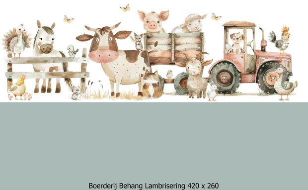 Boerderij behang kinderkamer - Lambrisering - Vergrijsd Saliegroen