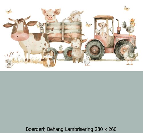 Boerderij behang kinderkamer - Lambrisering - Vergrijsd Saliegroen