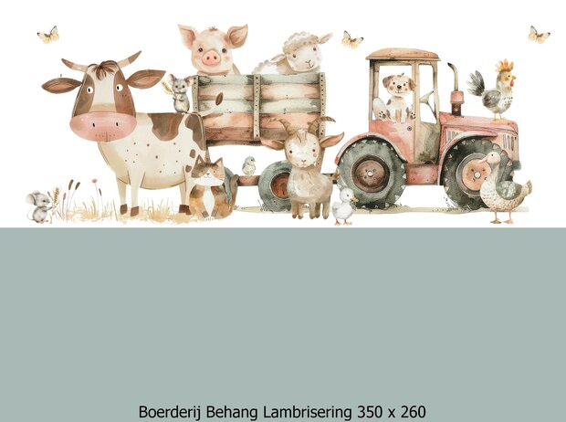 Boerderij behang kinderkamer - Lambrisering - Vergrijsd Saliegroen