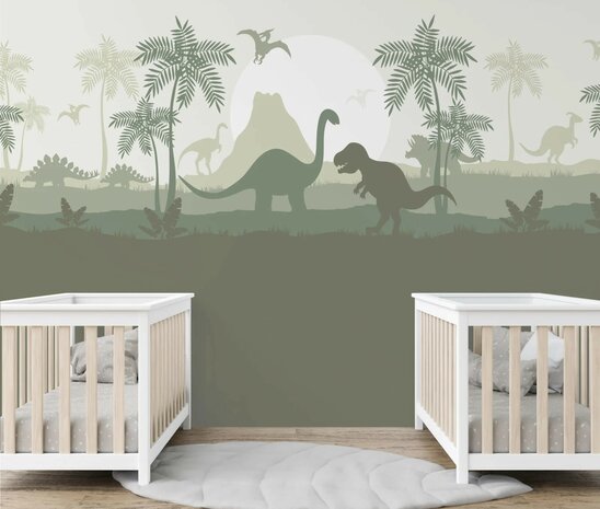 Dino behang kinderkamer &ndash; Lambrisering - olijfgroen