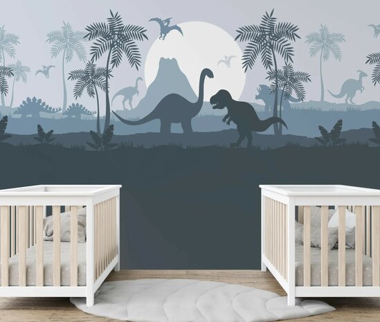 Dino behang kinderkamer &ndash; Lambrisering blauw