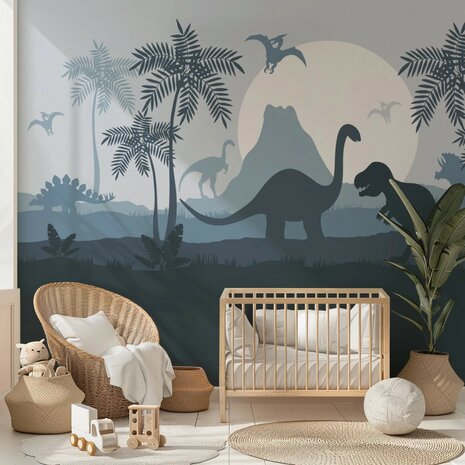 Dino behang kinderkamer &ndash; Lambrisering blauw