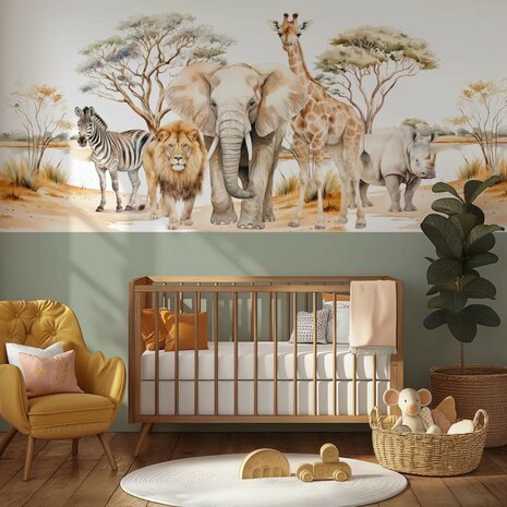 Safari behang kinderkamer  &ndash; Lambrisering - Salie Groen