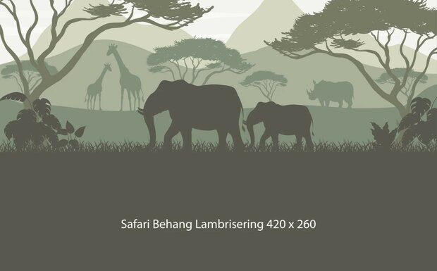 Safari behang kinderkamer &ndash;  Lambrisering - olijfgroen