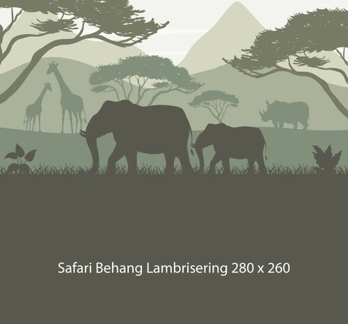 Safari behang kinderkamer &ndash;  Lambrisering - olijfgroen